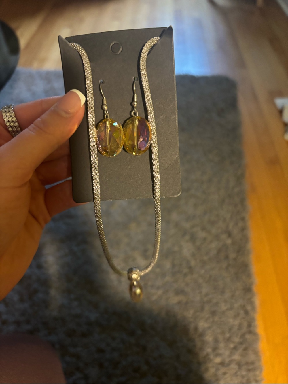 Yellow Iridescent Glass Drop Earrings and Silver Necklace Set